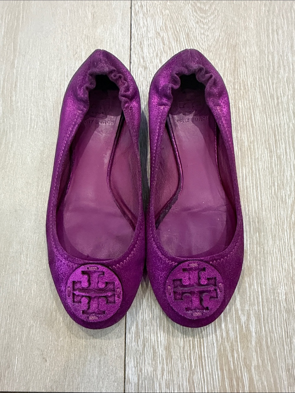 Tory Burch Metallic Plum Logo Ballet Flats